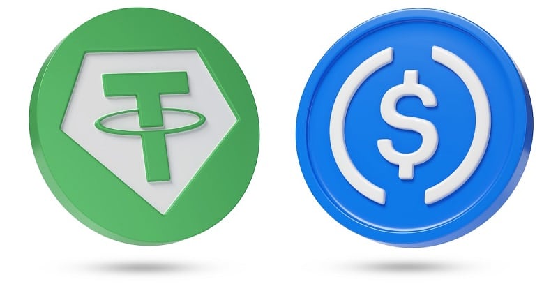 tether usdt and usdc coin isolated on white background. 3d illustration.